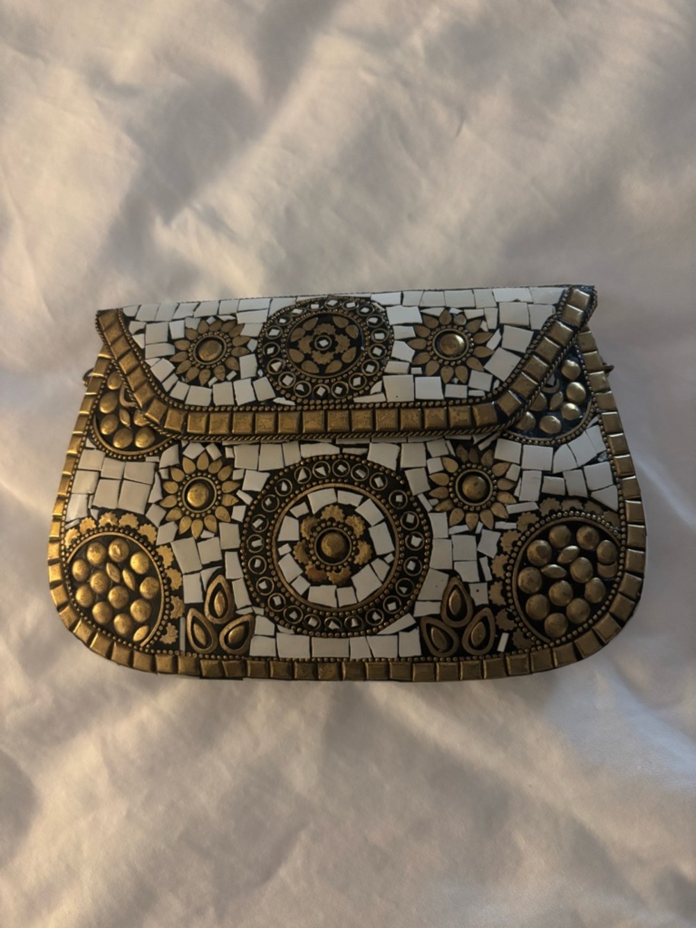 Embellished White Mosaic Clutch with Antique Gold Accents